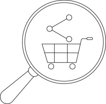 un aumentador vaso muestra un compras carro vinculado por líneas a puntos enfoque en comercio electrónico investigación vector