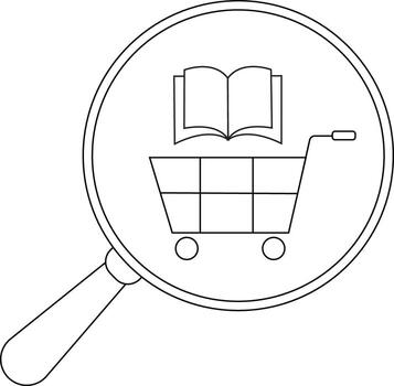 Magnifying glass showing a shopping cart beneath an open book all in outline form vector