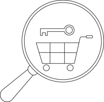 Outlined magnifying glass focuses on a shopping cart and key inside vector
