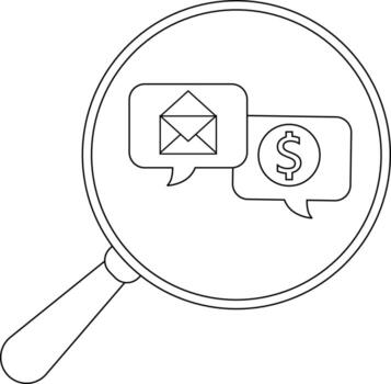 un aumentador vaso se enfoca en dos habla burbujas uno con un correo electrónico símbolo el otro con un dólar firmar vector