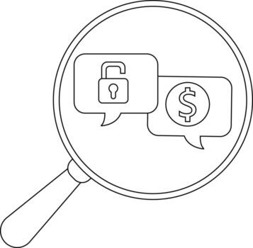 A magnifying glass showcases two speech bubbles one with an open padlock and the other with a dollar sign inside vector