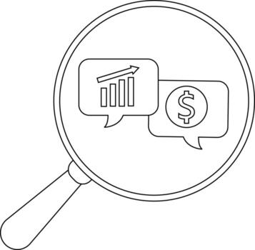 A magnifying glass shows a chart and dollar sign in speech bubbles hinting at financial analysis vector