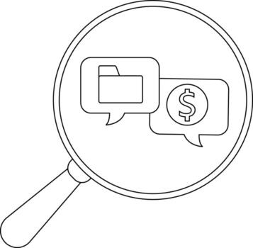 A magnifying glass zooms in on speech bubbles containing a file folder and a dollar sign vector