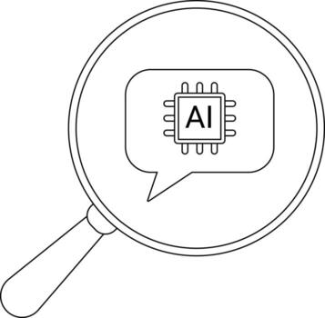 A magnifying glass encircles a speech bubble with an AI chip symbol inside vector