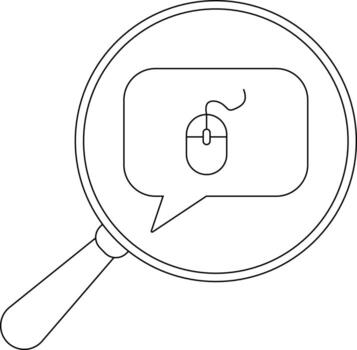 A magnifying glass focuses on a chat bubble with a computer mouse inside vector