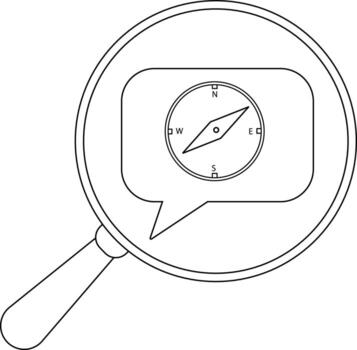 A magnifying glass focuses on a compass in a speech bubble vector