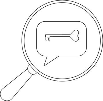 A magnifying glass focuses on a speech bubble which contains a key ending in a heart shape vector