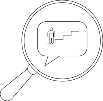A magnifying glass focuses on a speech bubble showing a stick figure ascending stairs vector
