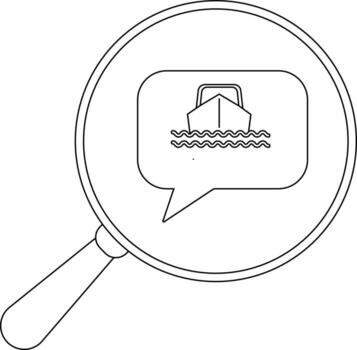 Line drawing of a magnifying glass focusing on a speech bubble showing a boat sailing on waves vector