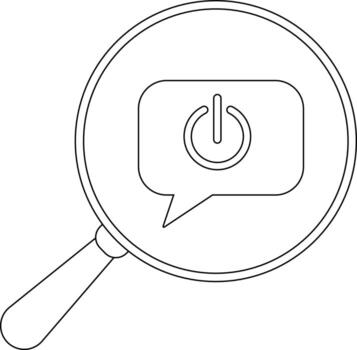 Magnifying glass focuses on a speech bubble containing a power symbol presented in a clear outlined style vector