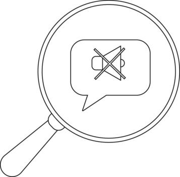 Magnifying glass focuses on a speech bubble with a muted speaker symbol vector