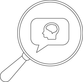 Outline of a magnifying glass focusing on a speech bubble with a brain outline inside vector
