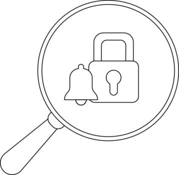 A bell and padlock appear within a magnifying glass frame vector