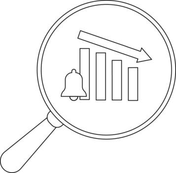 A downward trending bar graph with a bell icon displayed within a magnifying glass vector