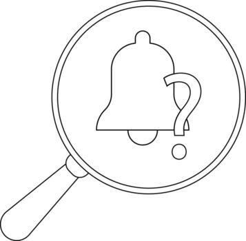 A bell with a question mark in a magnifying glass depicted in black and white lines vector