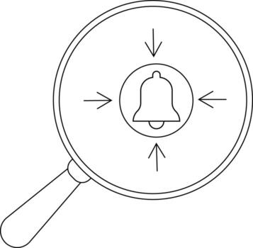 A magnifying glass focuses on a bell surrounded by arrows pointing inward vector