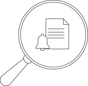A magnifying glass focuses on a document with a bell icon vector