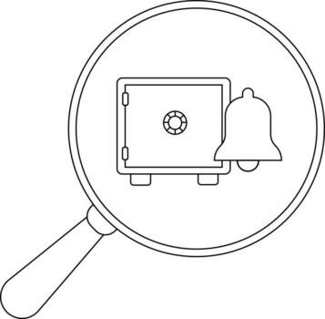 A magnifying glass focuses on a safe with a bell next to it All elements are depicted in black lines vector
