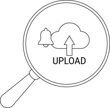 A magnifying glass focuses on an upload icon beside a notification bell vector