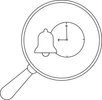 Magnifier revealing a bell and clock face with hands pointing to 12 and 9 vector