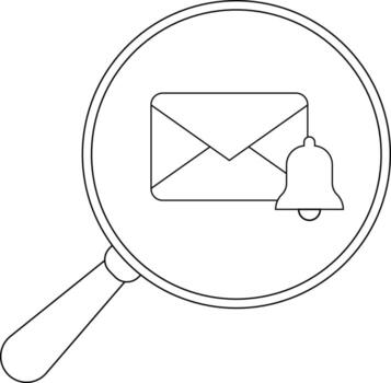 Magnifying glass highlighting an email icon with a notification bell simple black lines vector