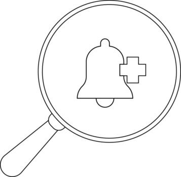 Magnifying glass highlights a notification bell icon with a plus symbol vector