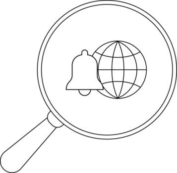 Magnifying glass with a bell and globe inside the lens vector