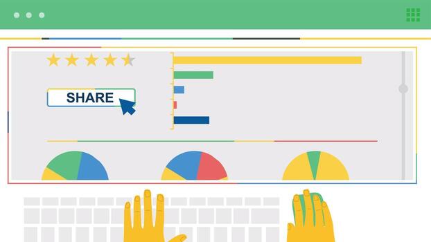 Digital analytics dashboard with charts and share button vector