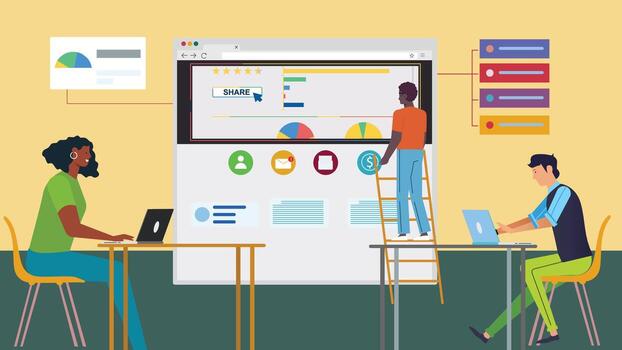 Creative teamwork analyzing data and building business website dashboard vector