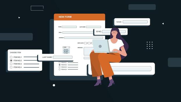 mujer relleno en línea formar con ordenador portátil en moderno digital usuario interfaz vector
