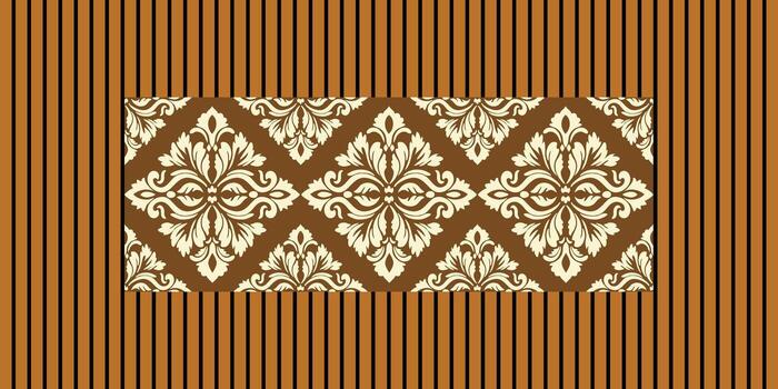 Vertical lines resembling a wooden latticework in brown and orange tones, combined with damask patterns, create a modern and classic feel. Designed as a seamless background. vector