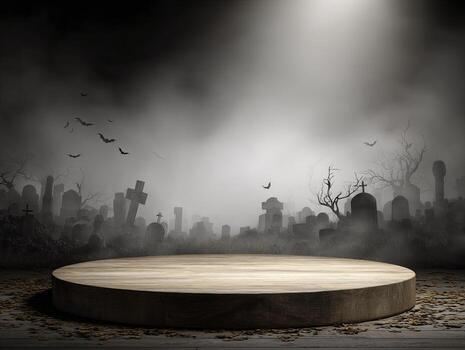 Spooky graveyard scene with an empty wooden platform for display photo