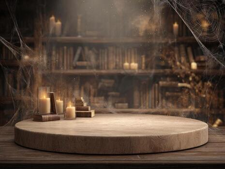 Ancient library setting with glowing candles and a weathered display platform photo