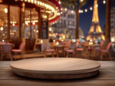 Parisian cafe scene with eiffel tower view and empty wooden tabletop photo