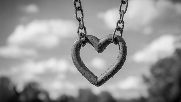 A grayscale image featuring a heart shaped object suspended by a chain photo