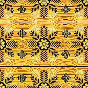 Ornate wood grain pattern with floral and geometric elements in yellow and black, creating a decorative design vector