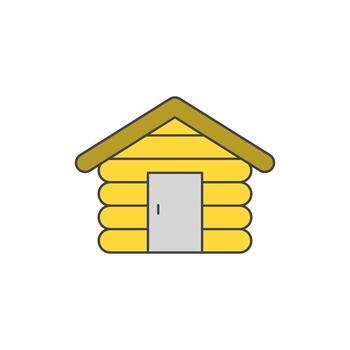 Simple yellow log cabin with a gray door and brown roof, isolated on a white background, evoking a sense of rustic charm and simplicity vector