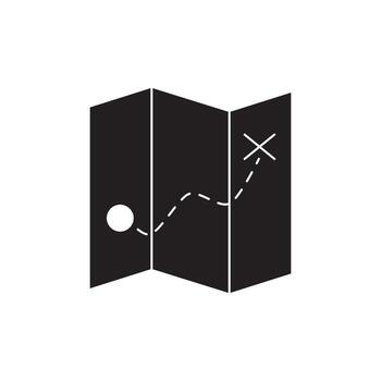 illustration of a folded map with a route marked by a dotted line, showing a destination with an X vector