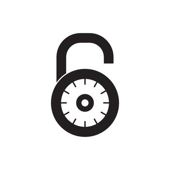 Open padlock graphic with a circular dial, symbolizing security, access, and unlocking vector