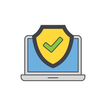 Secure laptop with a shield icon and a green checkmark, symbolizing cybersecurity and protection against threats vector