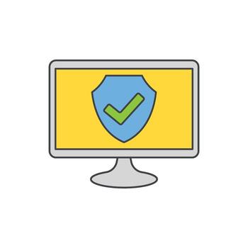 computadora monitor mostrando un proteger con un verde marca de verificación, simbolizando la seguridad cibernética y datos proteccion vector