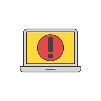 Illustration of a laptop displaying a warning symbol on its screen, representing an error or alert vector