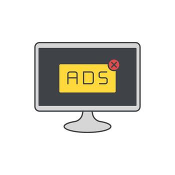 Computer screen displaying the word 'ADS' with a red 'X' indicating the removal of advertisements vector