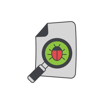 Magnifying glass over a document with a computer bug icon, symbolizing software debugging and problem-solving in technology vector