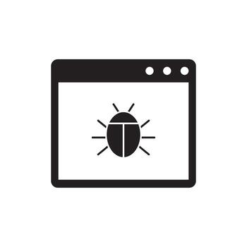Black and white illustration of a computer browser window displaying a bug icon, representing software errors or cyber threats vector