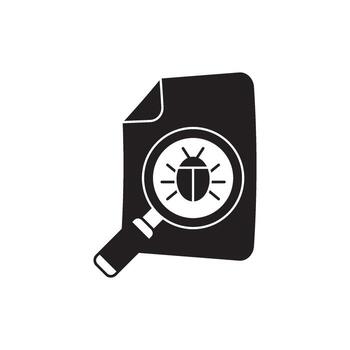 Bug report on document with magnifying glass, representing quality assurance and software testing, graphic illustration vector