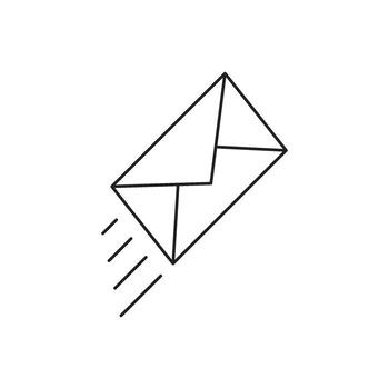 Simple line art illustration of a flying envelope, representing email or postal delivery with motion lines conveying speed and efficiency vector