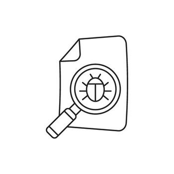 Illustration of a document with a magnifying glass examining a bug, representing debugging and quality assurance vector