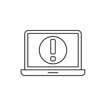 Computer displaying a warning icon with an exclamation mark in a circle on its screen, representing a digital alert or error message vector