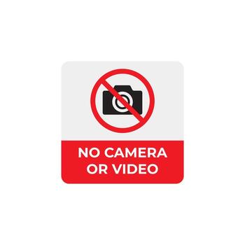 Sign indicating no cameras or recording allowed, with a red circle and slash over a camera icon, on a white background vector